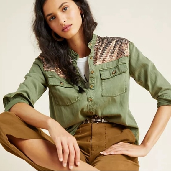 Anthropologie sequin button down olive green women’s size 0 - Picture 2 of 8